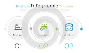 Set line Ship, Life insurance in hand and Lifebuoy. Business infographic template. Vector