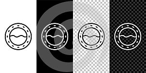 Set line Ship porthole with rivets and seascape outside icon isolated on black and white, transparent background. Vector