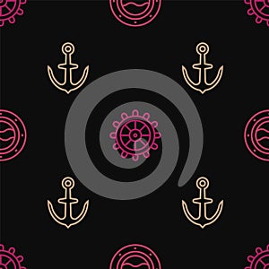 Set line Ship porthole with seascape, Anchor and steering wheel on seamless pattern. Vector