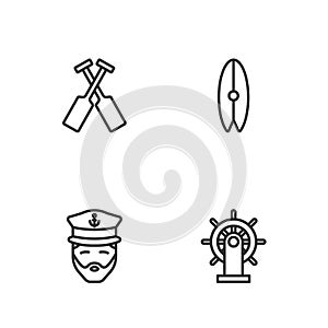 Set line Ship steering wheel, Captain of ship, Crossed oars or paddles boat and Surfboard icon. Vector