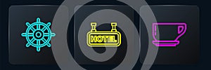 Set line Ship steering wheel, Coffee cup and Signboard with text Hotel. Black square button. Vector