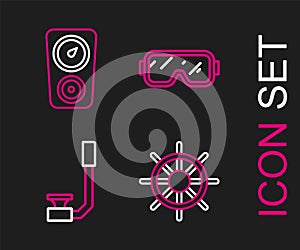 Set line Ship steering wheel, Snorkel, Diving mask and Gauge scale icon. Vector