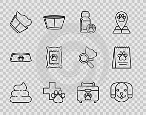Set line Shit, Dog, medicine bottle, Veterinary clinic symbol, Bag of food for dog, Pet first aid kit and icon. Vector