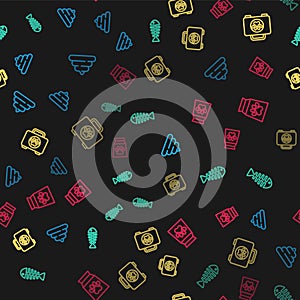 Set line Shit, Fish skeleton, Pet first aid kit and Bag of food for pet on seamless pattern. Vector