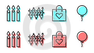 Set line Shopping bag with heart, Birthday cake candles, Christmas lights and Balloon with ribbon icon. Vector