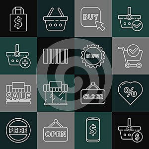 Set line Shopping basket and dollar, Discount percent tag heart, cart with check mark, Buy button, Barcode, Add, Shoping