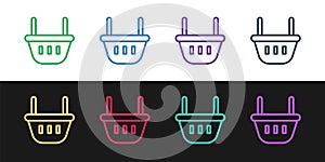 Set line Shopping basket icon isolated on black and white background. Food store, supermarket. Vector