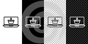 Set line Shopping basket on screen laptop icon isolated on black and white background. Concept e-commerce, e-business