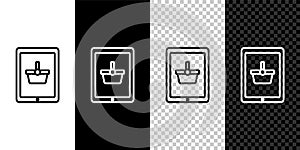 Set line Shopping basket on screen tablet icon isolated on black and white background. Concept e-commerce, e-business