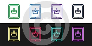 Set line Shopping basket on screen tablet icon isolated on black and white background. Concept e-commerce, e-business