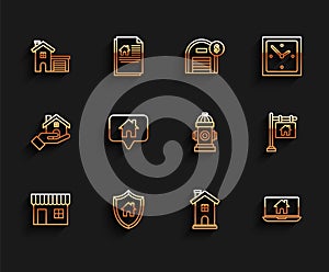 Set line Shopping building or market store, House with shield, Home symbol, Laptop and smart home, Map pointer house