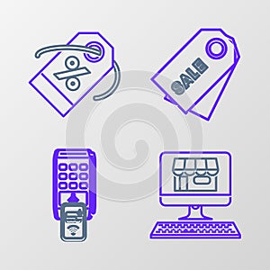 Set line Shopping building on screen computer, POS terminal with printed reciept and confirms the payment by smartphone