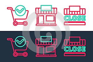 Set line Shopping building and text closed, cart with check mark and or market store icon. Vector