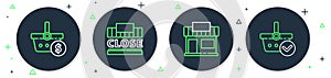 Set line Shopping building and text closed, or market store, basket dollar and with check icon. Vector