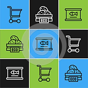 Set line Shopping cart, Canned fish and Wooden box for fruits icon. Vector
