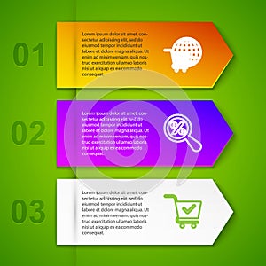 Set line Shopping cart with globe, Magnifying glass percent, check mark and Market store. Business infographic template