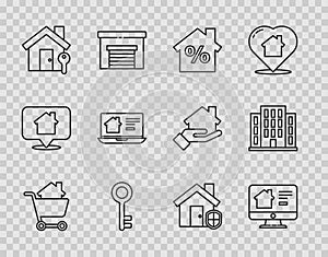 Set line Shopping cart with house, Online real estate, House percant discount, key, under protection and icon. Vector