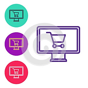 Set line Shopping cart on monitor icon isolated on white background. Concept e-commerce, e-business, online business