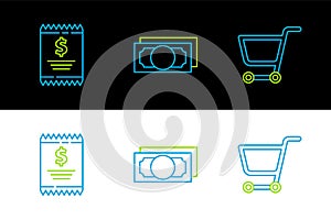 Set line Shopping cart, Paper check and financial check and Stacks paper money cash icon. Vector