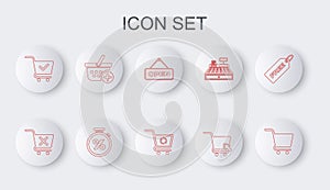 Set line Shopping cart, Remove shopping, Hanging sign with Open door, cursor, check mark, Add to basket, Stopwatch and