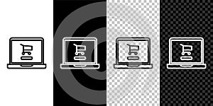 Set line Shopping cart on screen laptop icon isolated on black and white background. Concept e-commerce, e-business