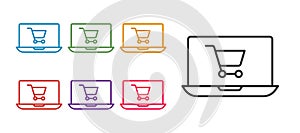 Set line Shopping cart on screen laptop icon isolated on white background. Concept e-commerce, e-business, online