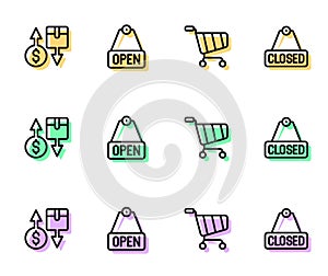 Set line Shopping cart, Tax cardboard box, Hanging sign with text Open and Closed icon. Vector