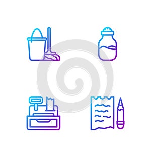 Set line Shopping list and pencil, Cash register machine, Mop bucket and Spice can. Gradient color icons. Vector