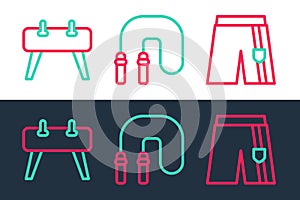 Set line Short or pants, Pommel horse and Jump rope icon. Vector