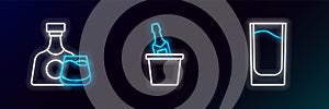 Set line Shot glass, Whiskey bottle and and Champagne in ice bucket icon. Glowing neon. Vector