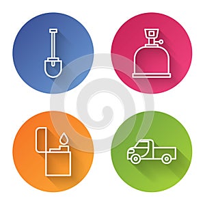 Set line Shovel, Camping gas stove, Lighter and Pickup truck. Color circle button. Vector