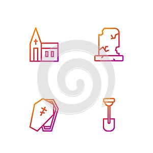 Set line Shovel, Coffin with cross, Church building and Old grave tombstone. Gradient color icons. Vector