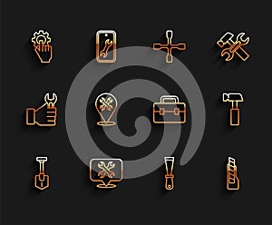 Set line Shovel, Location with wrench, Settings in the hand, Putty knife, Stationery, Hammer and Toolbox icon. Vector