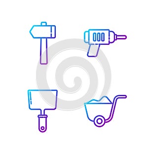 Set line Shovel, Putty knife, Hammer and Electric drill machine. Gradient color icons. Vector