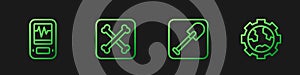 Set line Shovel, Seismograph, Archeology and Gear wheels and earth. Gradient color icons. Vector