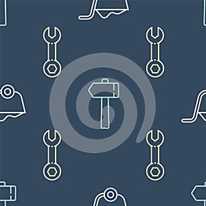 Set line Shovel, Wrench spanner and Hammer on seamless pattern. Vector