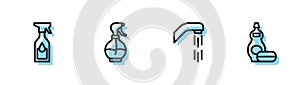 Set line Shower head, Cleaning spray bottle, Water and Dishwashing liquid icon. Vector