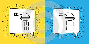 Set line Shower head with water drops flowing icon isolated on yellow and blue background. Vector