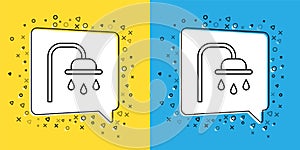 Set line Shower head with water drops flowing icon isolated on yellow and blue background. Vector Illustration
