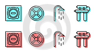 Set line Shower, Manhole sewer cover, Industry valve and Water filter icon. Vector