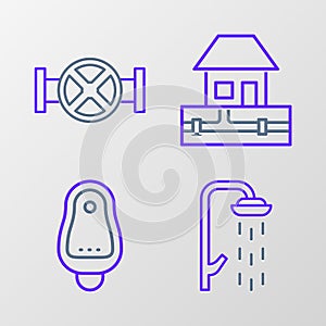 Set line Shower, Toilet urinal or pissoir, Water supply pipes and Industry and valve icon. Vector