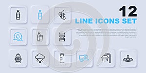 Set line Shower, Water drop, Bottle of water with glass, Mobile tank, speech bubbles, Cloud rain, and icon. Vector
