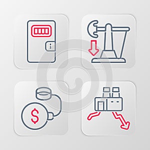 Set line Shutdown of factory, Debt ball chained coin, Drop crude oil price and Prison cell door icon. Vector