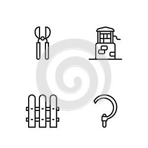 Set line Sickle, Garden fence wooden, Gardening scissors and Well icon. Vector