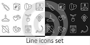 Set line Sickle, Pack full of seeds of plant, Coffee beans, Seed, Scoop flour, Sprout and Flour pack icon. Vector