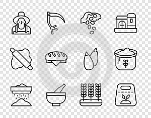 Set line Sifting flour, Pack full of seeds of plant, Seed, Mortar and pestle, Farmer the hat, Bread loaf, Wheat and Bag