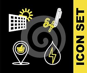 Set line Signature, Water energy, Location shopping basket and Solar panel and sun icon. Vector