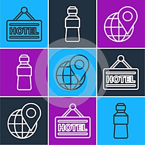 Set line Signboard with text Hotel, Location on the globe and Bottle of water icon. Vector