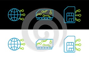 Set line Sim card, Global technology or social network and RAM, random access memory icon. Vector