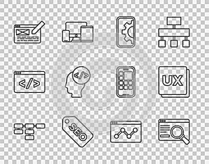 Set line Site map, UI or UX design, Web development, SEO optimization, Front end, Website statistic and icon. Vector